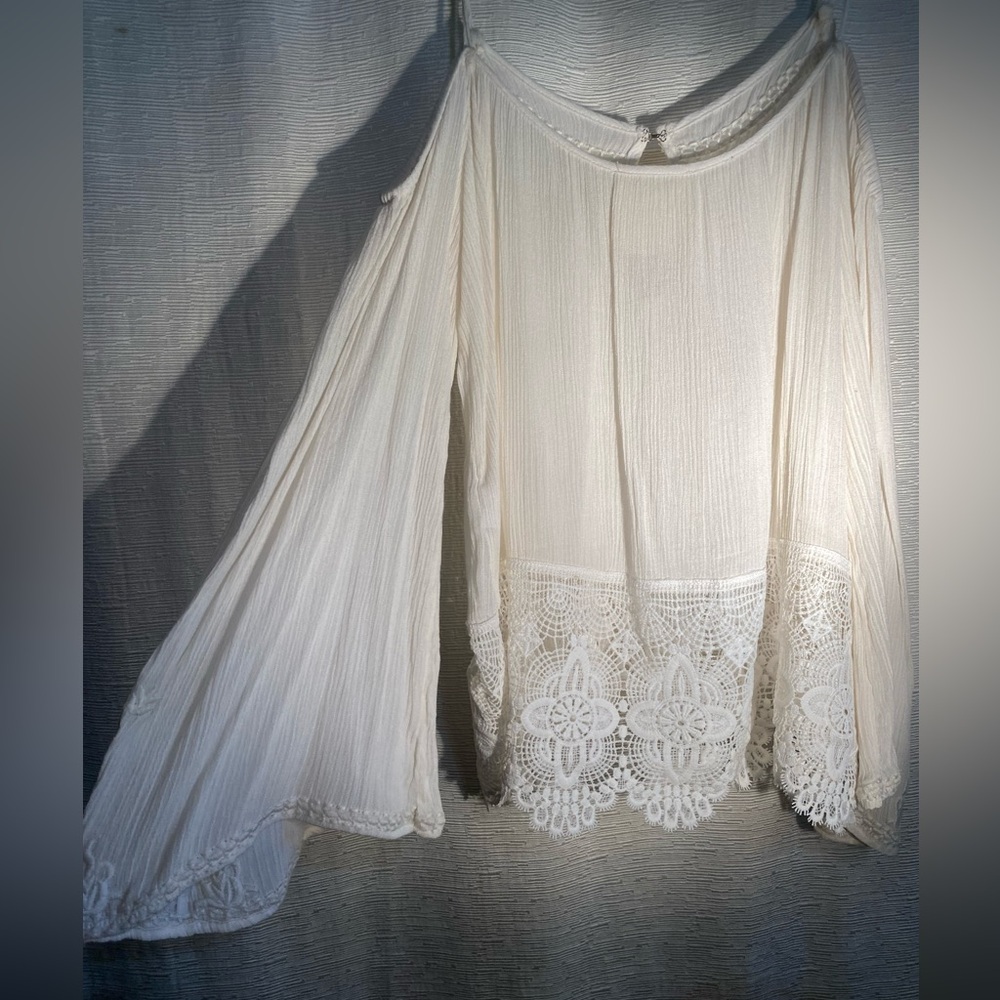PP LA white, cotton and lace, off shoulder, long sleeve top. Size XS